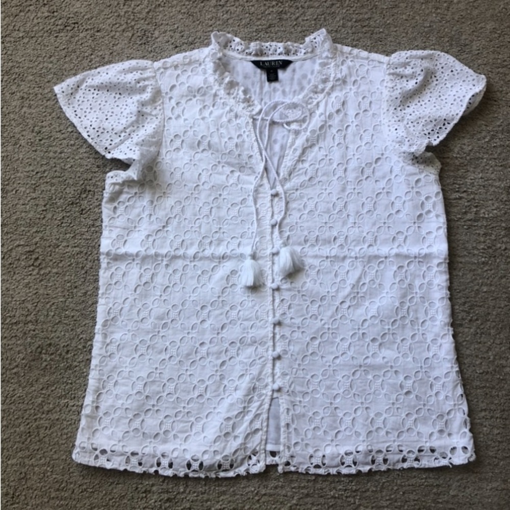 Ralph Lauren White Eyelet Blouse with Tassels.